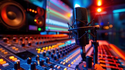Studio Recording Session: Microphone and Mixing Console