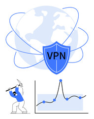 Globe with shield labeled VPN man mining data, chart with nodes and lines. Ideal for cybersecurity, data protection, online privacy, encryption, global connectivity, internet security, data