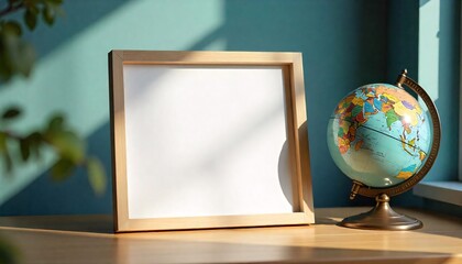 A wooden frame with a blank white canvas on a wooden table, next to a globe.