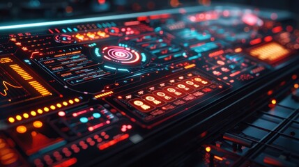 Obraz premium Futuristic Control Panel: A high-tech interface with glowing neon lights, complex data visualizations, and advanced technological elements.