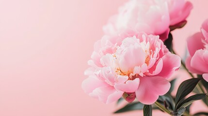Fototapeta premium Pink peonies on a dreamy pastel pink background, close-up shot, Minimalist style