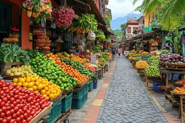 Obraz premium Vibrant Market Full of Fresh Fruits and Vegetables