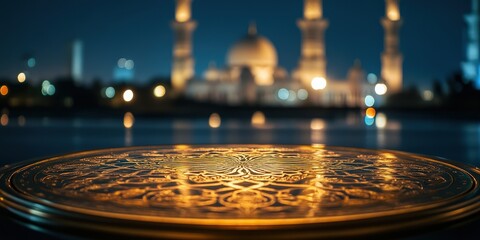 Night Scene of a Mosque with Ornate Golden Plate in Foreground
