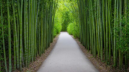 Fototapeta premium Serene ambiance and relaxing spiritual, A serene pathway lined with tall green bamboo, creating a tranquil and inviting atmosphere for a peaceful stroll.