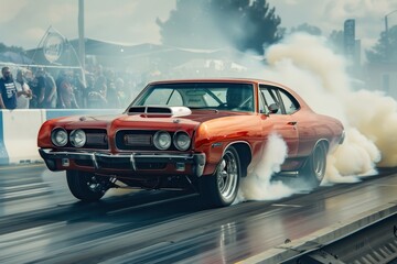 Classic muscle car performing a burnout on a racetrack surrounded by spectators under cloudy skies during an automotive event