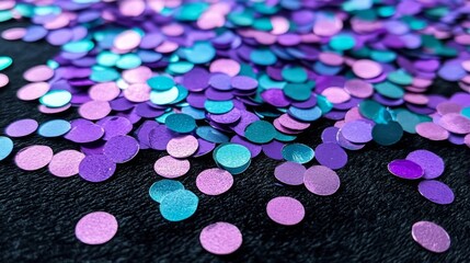 Colorful round confetti scattered on dark surface