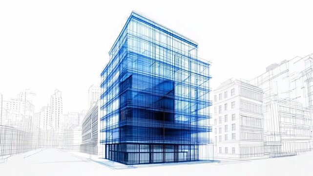 Blueprint of an innovative architectural concept featuring a wireframe structure set against an urban backdrop, emphasizing modern design principles