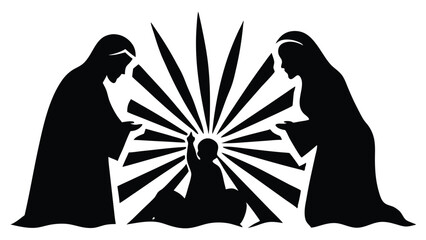 Nativity Scene with a Bright Star,silhouette of the nativity scene, featuring Mary, Joseph, and baby Jesus in the manger