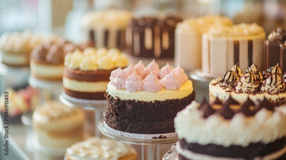 Poster a variety of cakes with different flavors and frostings on display in a bakery, showcasing a temptin