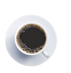 Black coffee in white ceramic cup isolated on transparent background, Top view and Png file