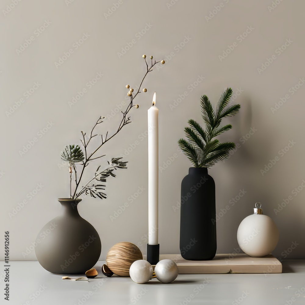 Poster a vase with a candle in it is on a table. there are other vases and balls on the table as well