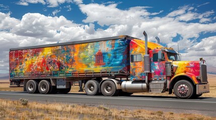 Vibrant Artistic Semi-Truck on Open Road