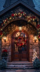 Obraz premium Stone house entrance adorned with Christmas wreaths and lights, creating a warm and festive holiday ambiance.