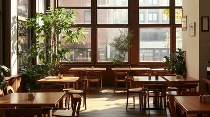 Fototapeta premium Sunlit cafe interior with wooden tables and chairs, plants.