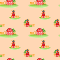 Obraz premium Farmyard settings with wooden fences, red barns, and windmills. A seamless watercolor pattern. Perfect for rustic decor, eco-friendly crafts, and countryside-inspired stationery