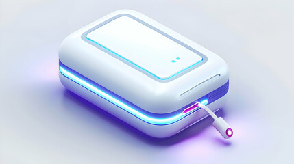 A sleek, futuristic portable charger with glowing accents and a connected cable.