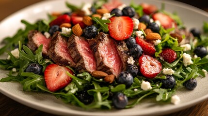 Salad with grilled meat and berries