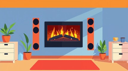 Stylized illustration of a modern living room featuring an electric fireplace and vibrant decor