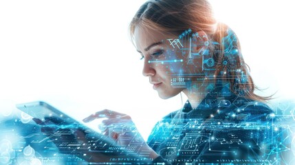Woman Using Tablet with Futuristic Digital Overlay