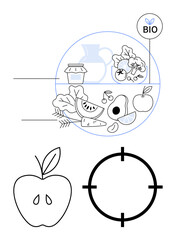 Healthy organic foods including apple, avocado, lettuce, lemon, spinach, and watermelon inside sectioned circle. BIO label, apple diagram and target icon below. Ideal for nutrition health organic