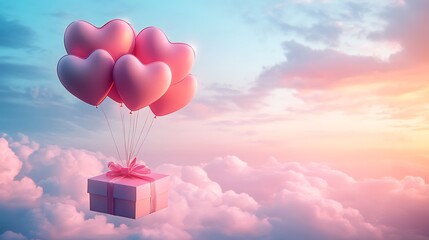Valentines gift box lifted by glowing heart shaped balloons in pastel sky paper art style