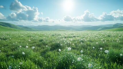 Idyllic spring or summer meadow landscape with vibrant green grass, scattered wildflowers, and a bright sun shining in a clear blue sky.
