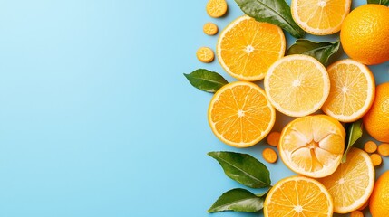 A bunch of oranges with leaves on a blue background