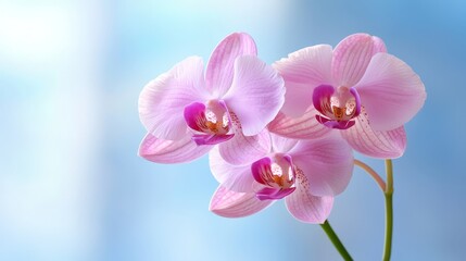 A close up of two pink orchids on a blue background