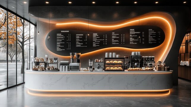 Modern coffee shop interior with curved counter, menu board, and pastries.
