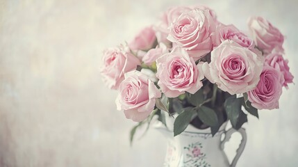 Obraz premium Pink roses in a vintage porcelain vase, soft focus shot, Minimalist style