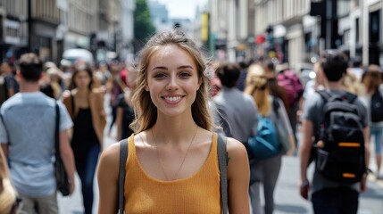 A busy street filled with a mix of people from different walks of life, with a stylish woman in sharp focus, her confident gaze meeting the camera