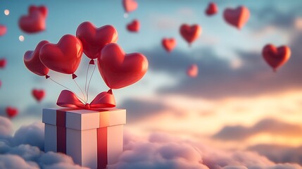 Valentines gift box and vibrant heart balloons floating under glowing skies paper art