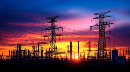 Fototapeta premium Silhouetted power pylons and industrial plant at sunset.