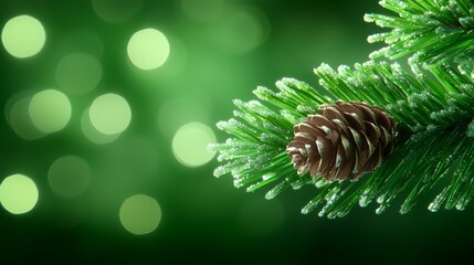 A pine cone on a branch of a tree with green lights in the background