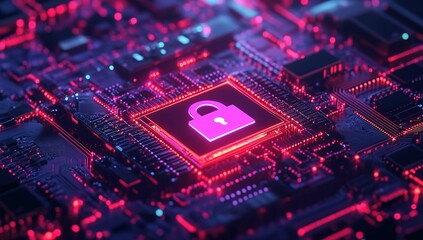 Fototapeta premium A digital security icon on top of an electronic circuit board with glowing components.