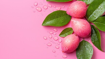 Fototapeta premium A bunch of pink fruit with green leaves on a pink background