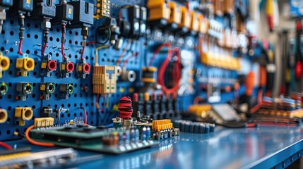 Obraz premium A Close-Up View of an Electronics Workshop, showcasing a vibrant array of components and tools 
