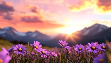 Fototapeta premium Sunrise over purple wildflowers mountainscape nature photography serene landscape vibrant colors outdoor beauty