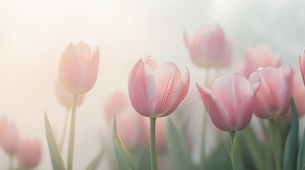 Fototapeta premium Pink tulips against a soft misty morning backdrop, close-up shot, Minimalist style