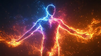 Obraz premium Fiery human figure, energy, duality, power, balance.