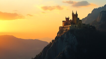 Fototapeta premium A stunning castle perched on a mountain at sunset, showcasing beauty.