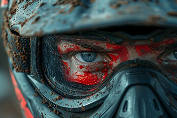 Intense detailed shot of a person clad in a gas mask with large eye lenses generative AI