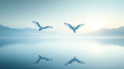 Two birds flying over calm lake at sunrise.