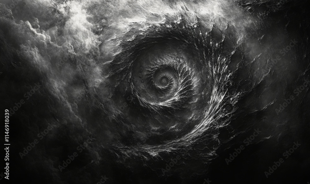 Poster dark smoke curling into an infinite spiral, blending softly into a misty void, surreal patterns of m