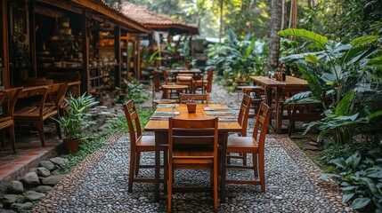 Fototapeta premium Outdoor restaurant patio with wooden tables and chairs amidst lush greenery.