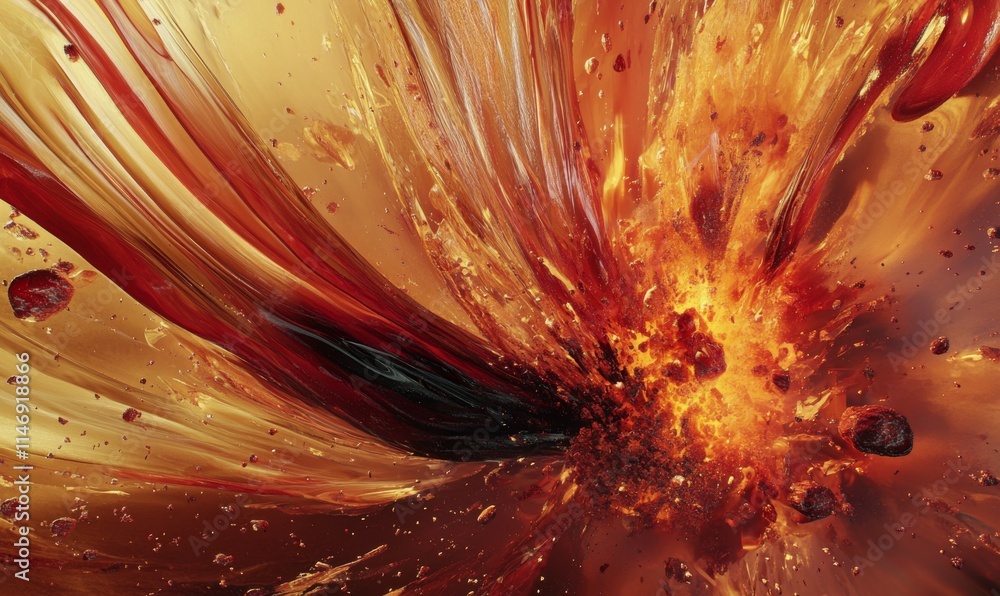 Poster dynamic flame waves exploding outward, vivid reds and yellows engulfing the scene, creating an abstr