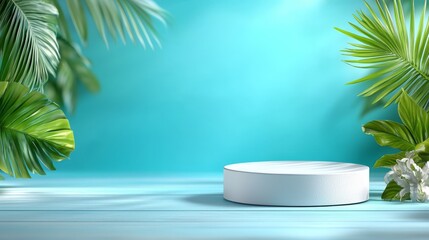 A white pedestal on a blue table surrounded by green leaves and flowers