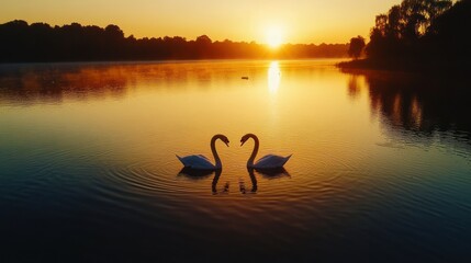 Two swans forming a heart shape on a calm lake at sunrise.