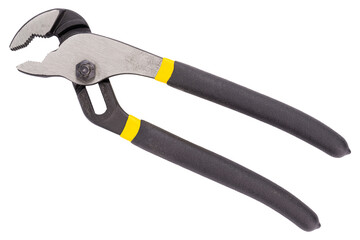 Groove Joint Pliers. White isolated background. Hand held tool for working men. Plastic and metal hardware metallic black handle. Equipment for tool box for house. Yellow black and metal color Pliers