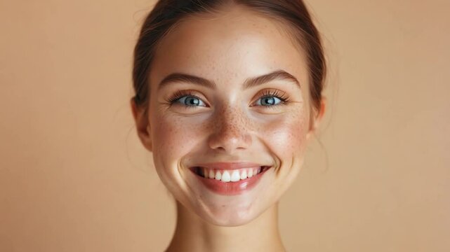 Closeup portrait of a young woman with radiant skin with freckles, captivating blue eyes, and natural makeup over beige studio backdrop